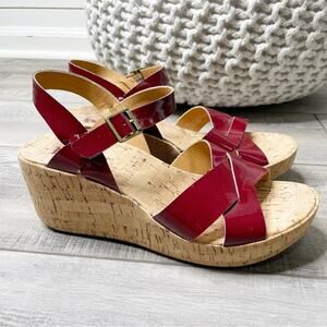 Korks by Korkease Cecelia Patent Leather Strappy Cork Wedges Sandals Crimson 8M